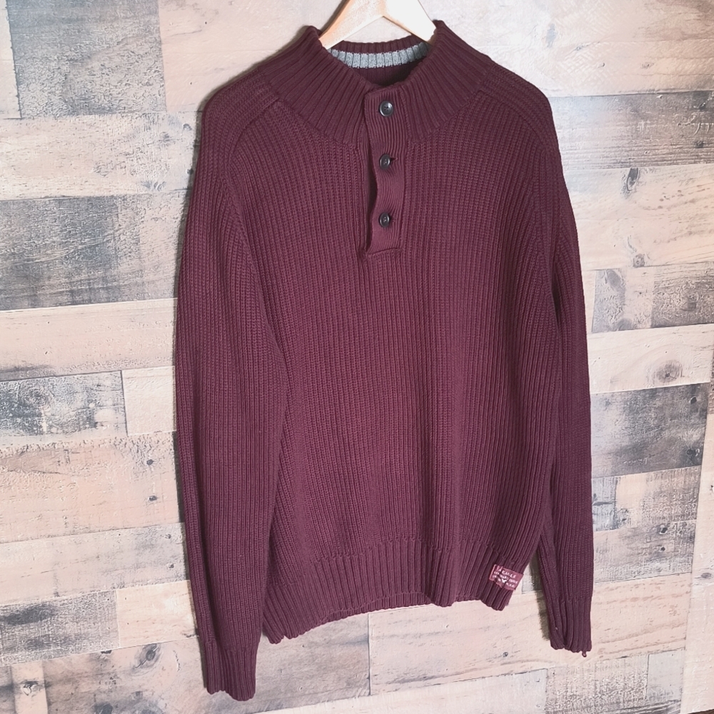 American Eagle Maroon Chunky Knit Button Collar Sweater Sz XXL Men of